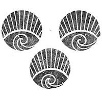 Three stylised eye-like spiral motifs, each with a fan of vertical ridges above a curved, swirling base, arranged in a triangular pattern on a light background.