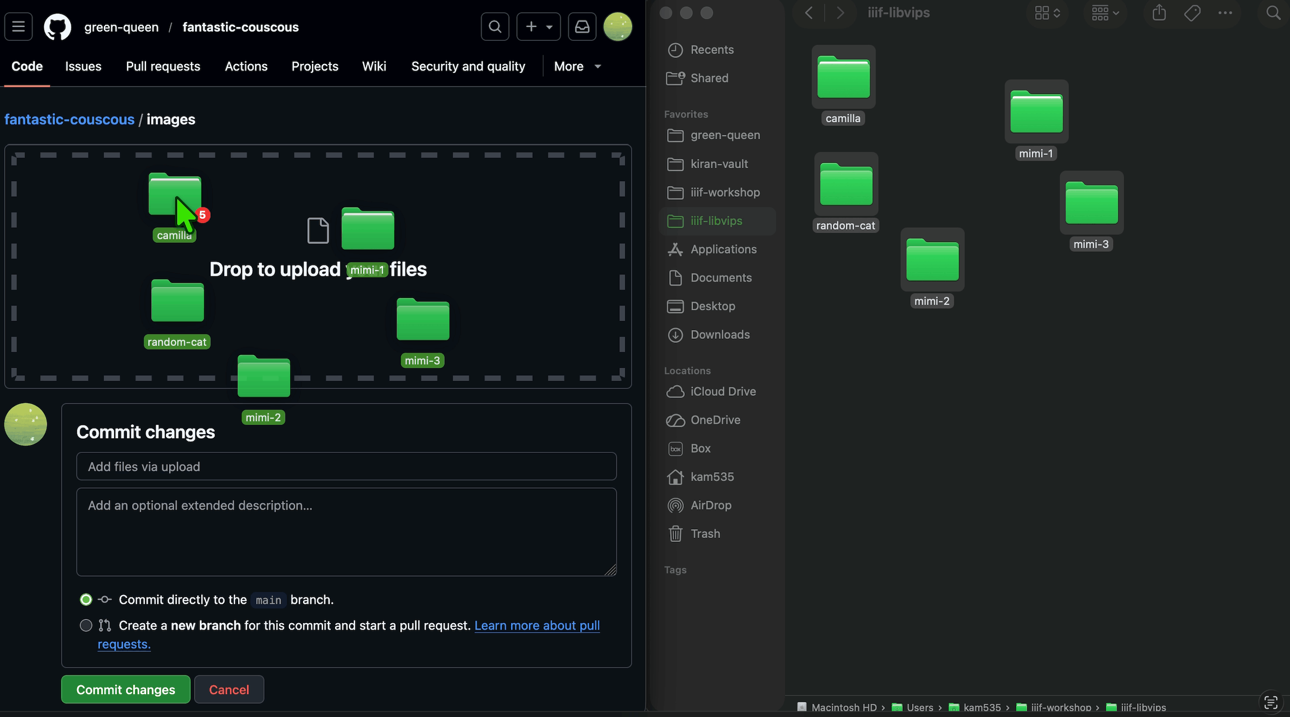 A split-screen view of a GitHub repository showing the 'Drop to upload your files' area on the left, and the computer's Finder visible on the right. Five IIIF tile folders are being dragged from the Finder into GitHub's 'Drop to upload your files' area.